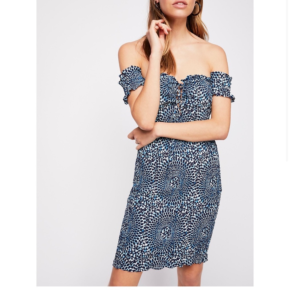 Free People Hot To Trot Blue Smocked Off Shoulder Dress Size S